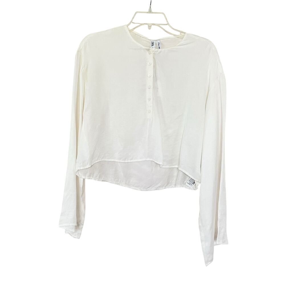 Zara Ecru Boxy Cropped Henley Button Wide Long Sleeve Blouse Size Medium NWT